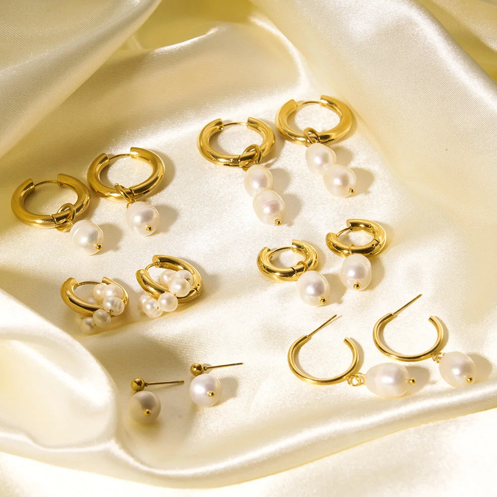 New in 2024 18K Gold Plated PVD Freshwater Pearl Women Stainless Steel Drop Hoop Earrings for Women