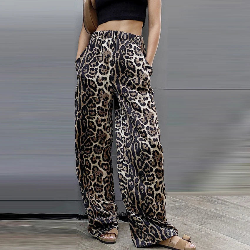 Enyami Leopard Print Trousers High Waisted Wide Leg Pants Oversize Street Style Mid-Waist Elastic Summer Women Pants