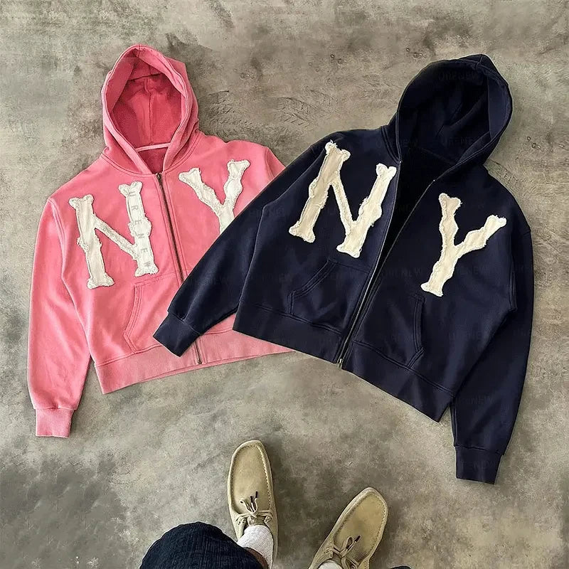 Custom Distressed Applique Embroidery Patch Zip up Streetwear Oversized Cut Edge Designer Crop Hoodie Raw Hem Hoodies Men