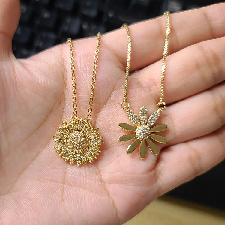 NZ1235 Fashion 18k Gold Plated CZ Pave Daisy Sunflower Flower Pendant Chain Necklace