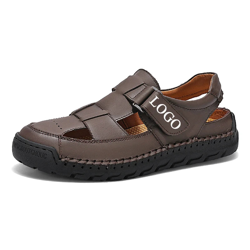 Factory Supply Custom LOGO Hand Made Sewing Breathable for Men Leather Toe Protect Outdoor Adjustable Summer Sandals