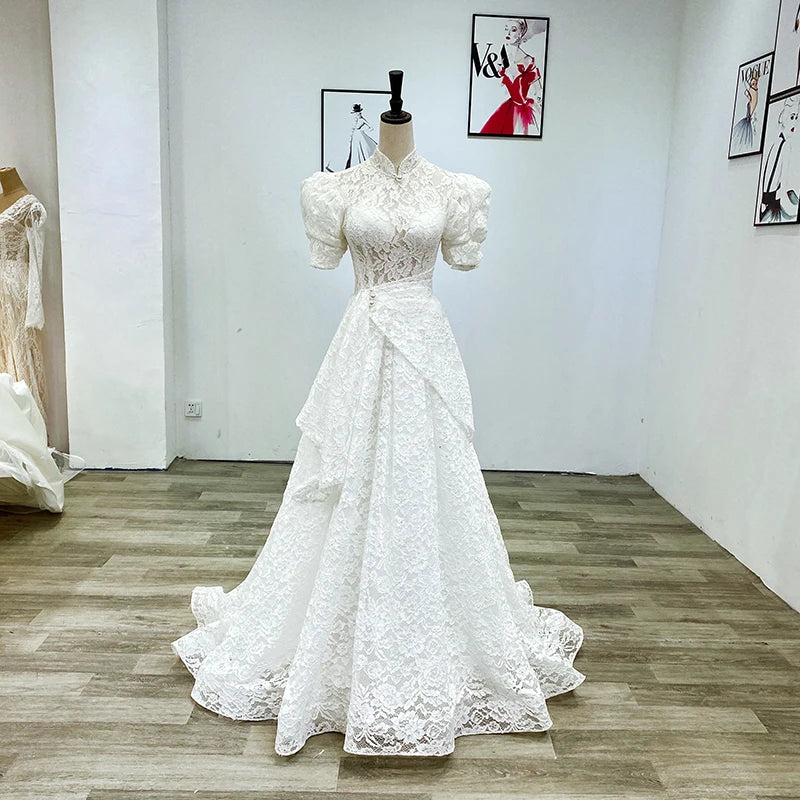 Jancember Wm011 2022 Lace Puff Sleeve White Elegant Bridal Gowns Women Wedding Dress