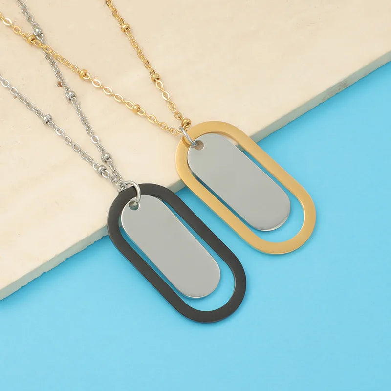 Hot Sale Simple High Polished Stainless Steel Necklace DIY Engraved Double Circle Hollow Oval Pendant Necklace