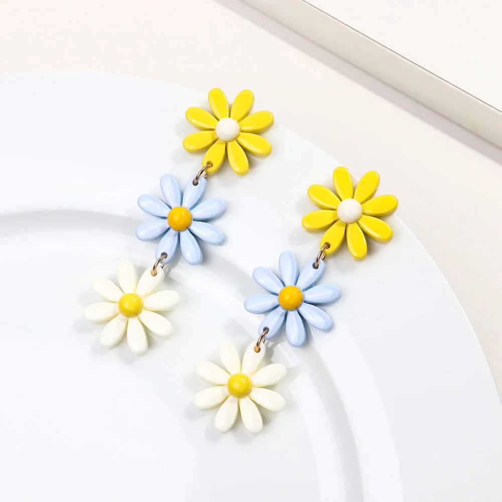 Autumn/Winter Bohemian Floral New Release Women's Fashion Drop Earrings Cute Little Daisies Wobbly Long Tassels Resin Flowers