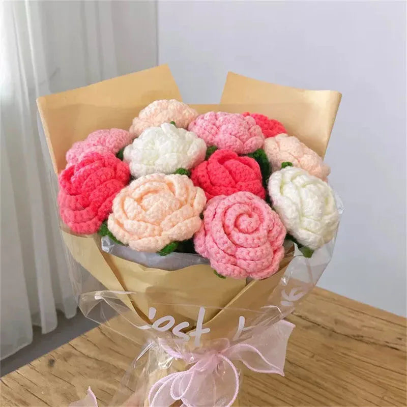 DREA New Creative Gifts Product Handmade Knitting Rose Flowers Wool Cotton Crochet Flowers Bouquet Wholesale