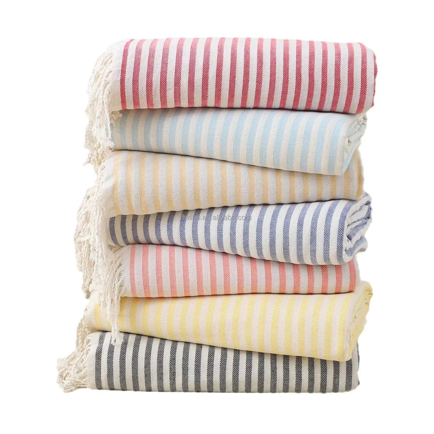 Large Custom Stripe Printed Oversized Turkish Cotton Blend Beach Towel with Tassels for Beach Goers