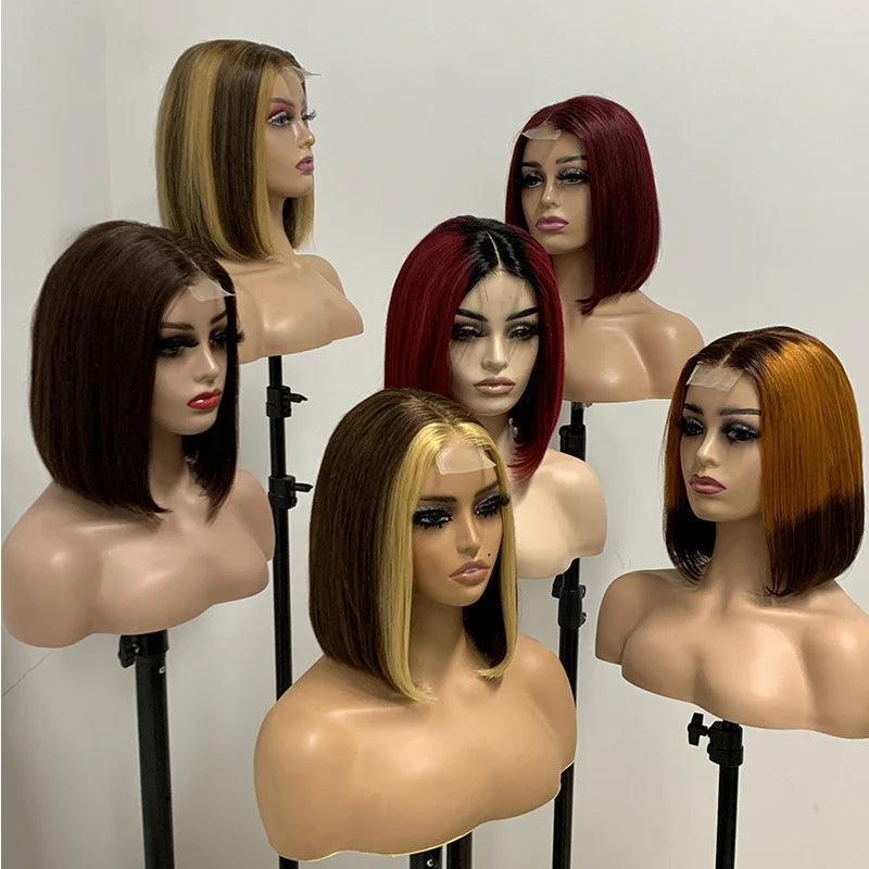 Short Medium Split Non-glue Human Hair Wig Double Straightened Bob Front Lace 6-12 Inches Black Transparent European Hair Mix