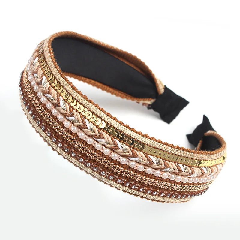Korean New Style Women Hair Accessories Ethnic Wind Drill Strip Headband Flat Wide Side Diamond Pearl Hair Hoop