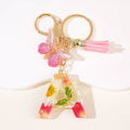 Ladies & Girls Cute Daisy Dried Flower Metal Keychain Customizable with Fringe Butterfly & Initials for Purse or Handbag