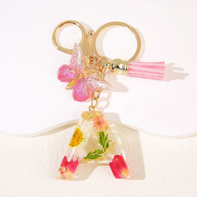 Ladies & Girls Cute Daisy Dried Flower Metal Keychain Customizable with Fringe Butterfly & Initials for Purse or Handbag