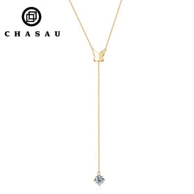 Long Chain Necklace 6.5mm 1CT D Color 925 Sterling Silver Y-shaped Moissanite Butterfly Tassel Pendant Necklace