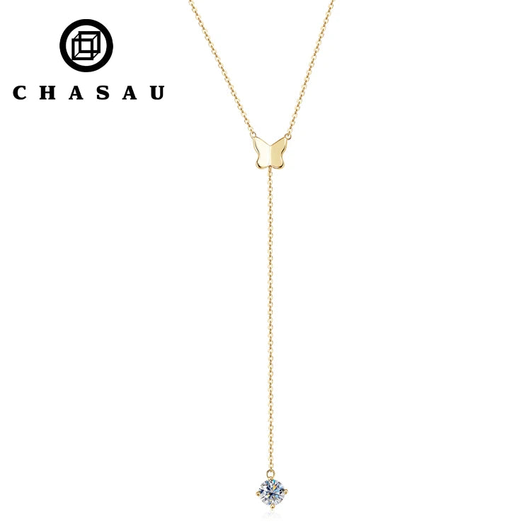 Long Chain Necklace 6.5mm 1CT D Color 925 Sterling Silver Y-shaped Moissanite Butterfly Tassel Pendant Necklace