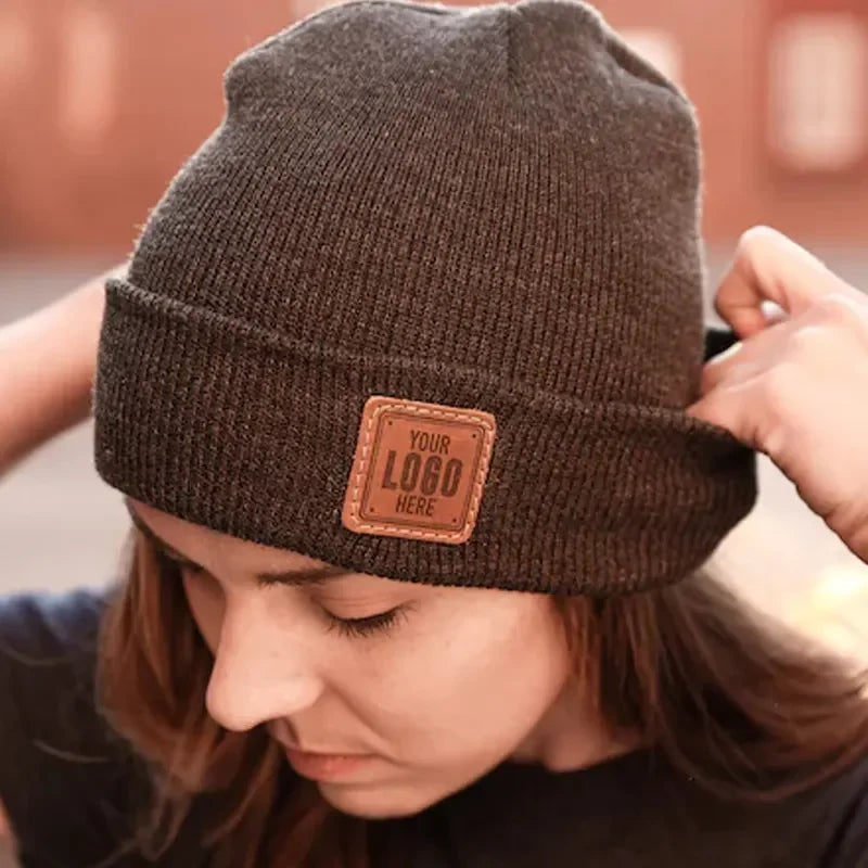 Custom Beanie Patch Hat Pu Leather Patch Big Size Winter Beanie ADD YOUR LOGO Company Employee Hats