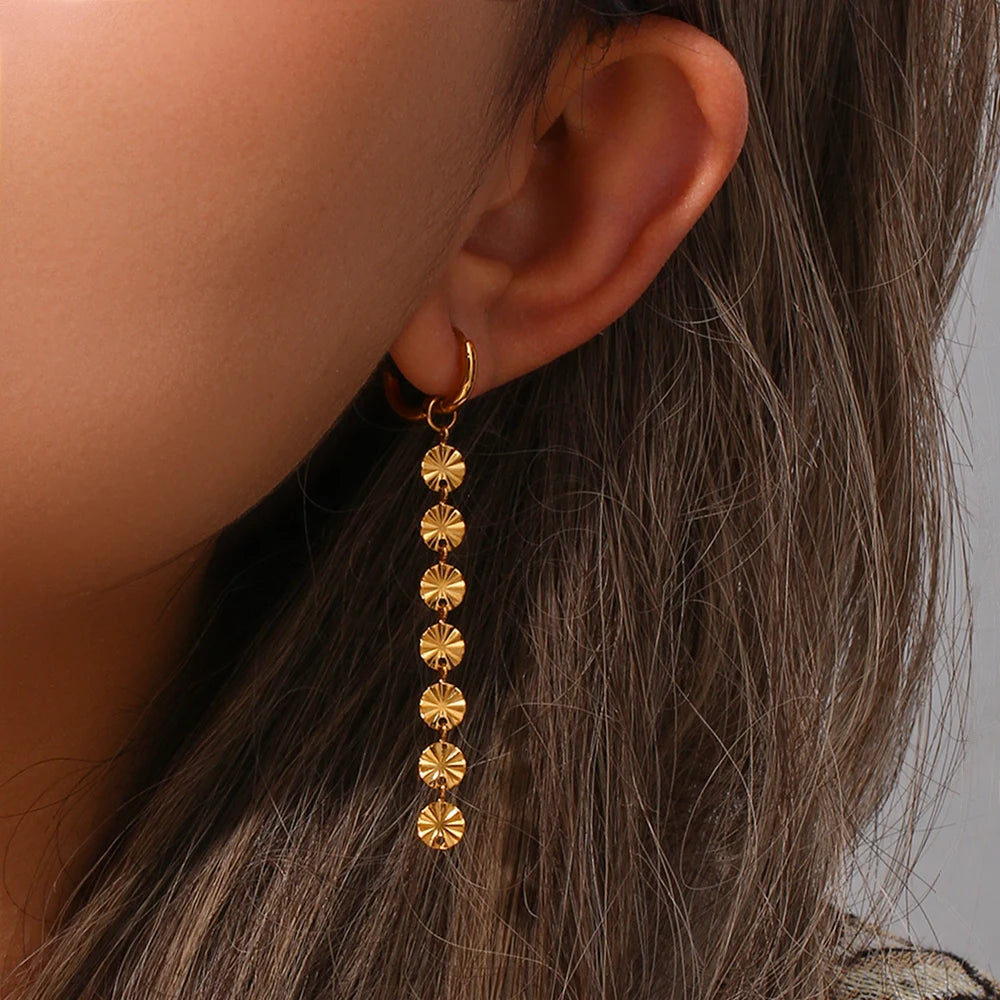 Luxury Women's Stainless Steel Gold Plated Sunlight Coin Chain Dangle Hoop Earrings Waterproof Stud Earring for Weddings