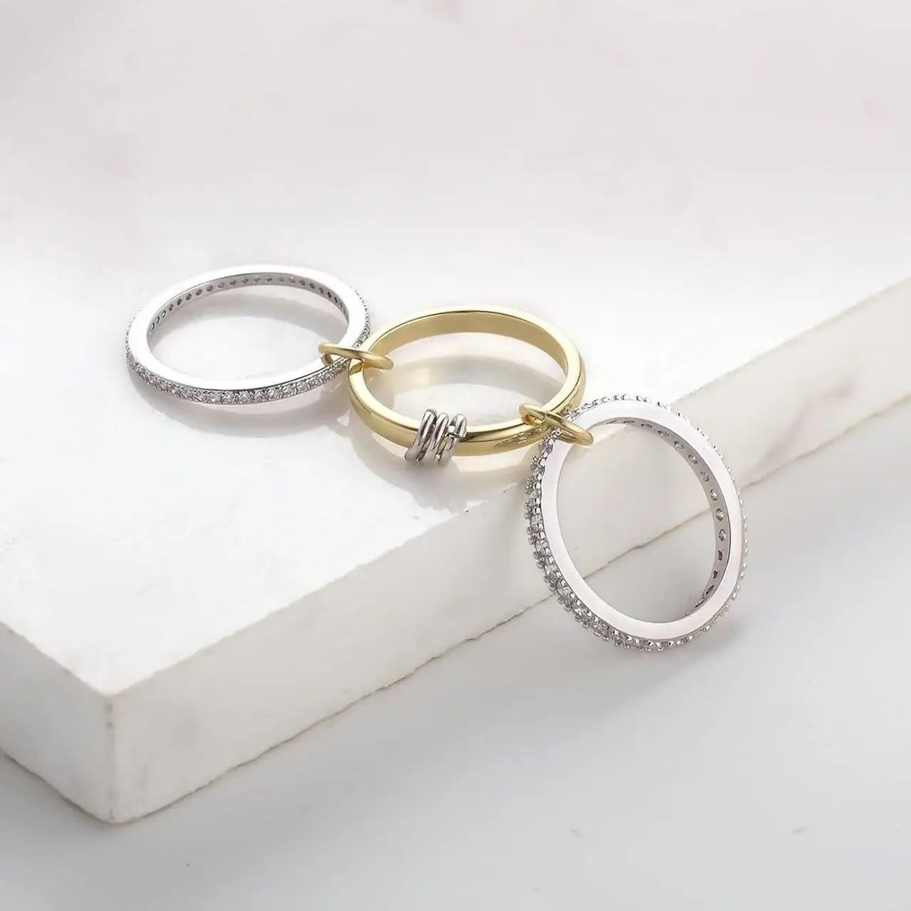 Elegant Nordic Two Tone Cubic Zirconia Ring Triple Interlocking Stacking Ring Fine Jewelry