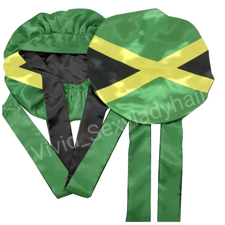 Wholesale Flag Bonnets Vendors Customized Silk Satin Hair Bonnet Double Lined Satin Haitian Jamaica Flag Bonnets With Ties