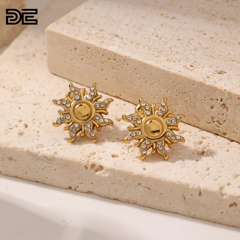 DE Sunflower Stainless Steel Earrings Fashion Gold Color Stainless Steel Earrings Sunflower Rhinestone Stainless Steel Earrings