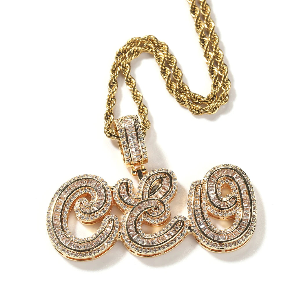 Fashion Iced Out Cz Baguette Zircon Initial Cursive Name Necklace Custom Hip Hop Jewelry with Icy Rope Chain Mainly Made Brass