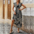 Summer Women's Elegant Style V-neck Temperament commuter Fashion Printed Short-sleeved Dress Lace-up Long Hem