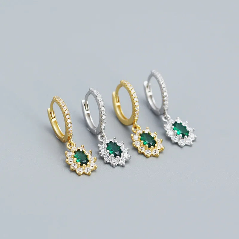 Factory Dropshipping 925 Silver Hoop Earrings Women 18K Gold Plated Sterling Silver Luxury Emerald Zircon Earrings Jewelry
