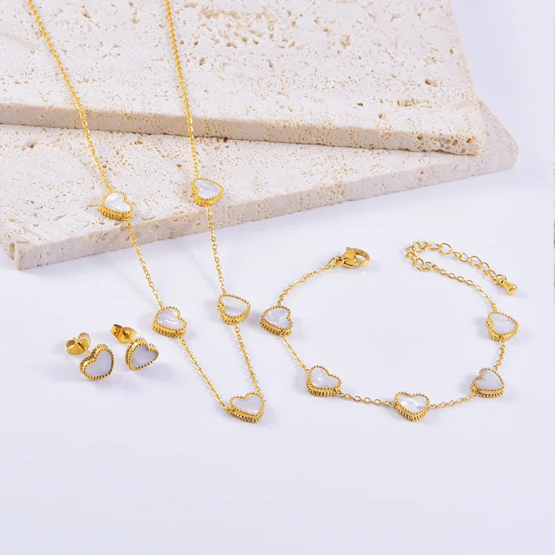 DAIHE 3 Pcs/ Set White Shell Love Heart Bracelet Necklace Earring Set Women's Stainless Steel Jewelry Set
