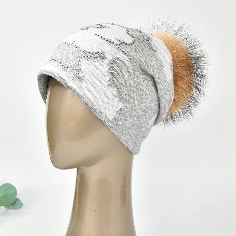 Wholesale Real Fur Pompoms Beanie for Women Winter Warm Cashmere Wool Knitted Hats Custom Rhinestone Pattern Bobble Hats