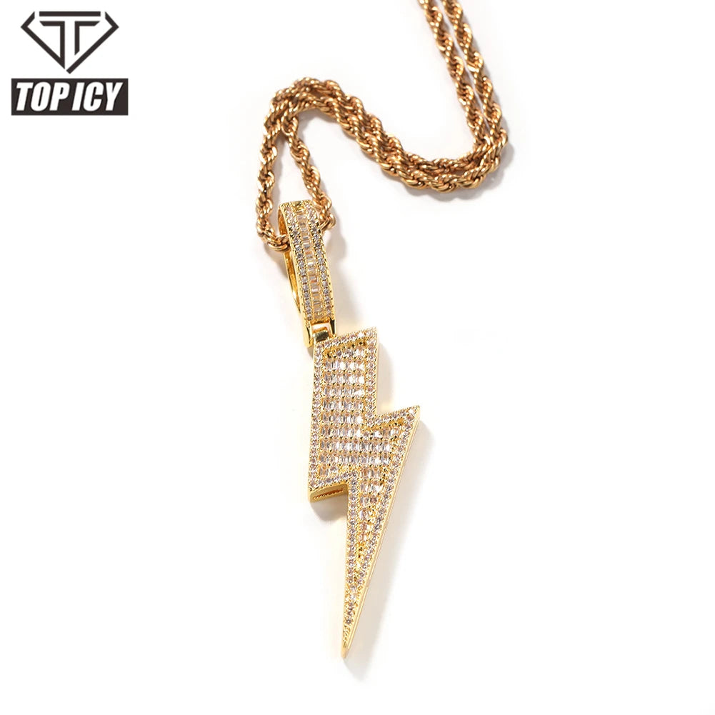 Top Icy Shiny Baguette Lightning Pendant Brass 18K Gold Plated CZ Fashion Jewelry Pendants Necklace for Men
