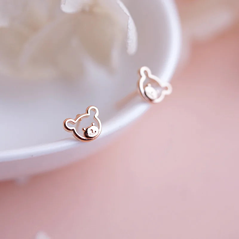 Sweet Bear Earrings 925 Sterling Silver Rose Gold Hollowed-out Glossy Mini No-pick Students 2022 New Fashion