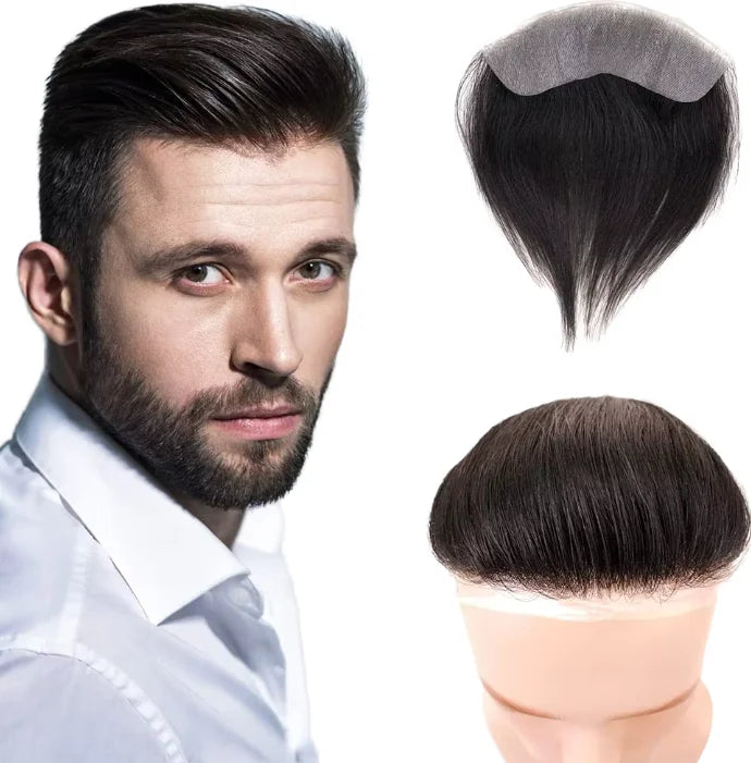 Men Topper 100% Human Hair Piece V Loop Super Thin Skin PU Front Hairline Forehead Hair System Toupee Patch Wig for Men