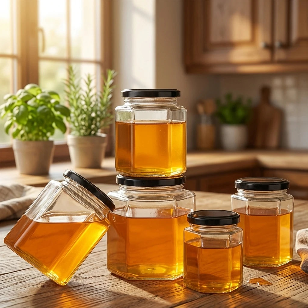 Hot Seller 280ml 380ml Clear Hexagonal Jam Honey Glass Storage Jar with Lid Custom Logo Packaging