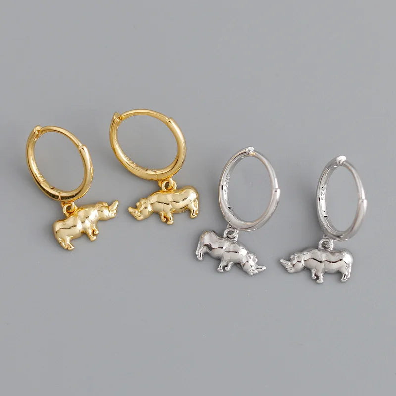 2022 NEW INS 925 Sterling Silver Animal Rhinoceros Shape with 18k Gold Plated Hoop Earring for Women