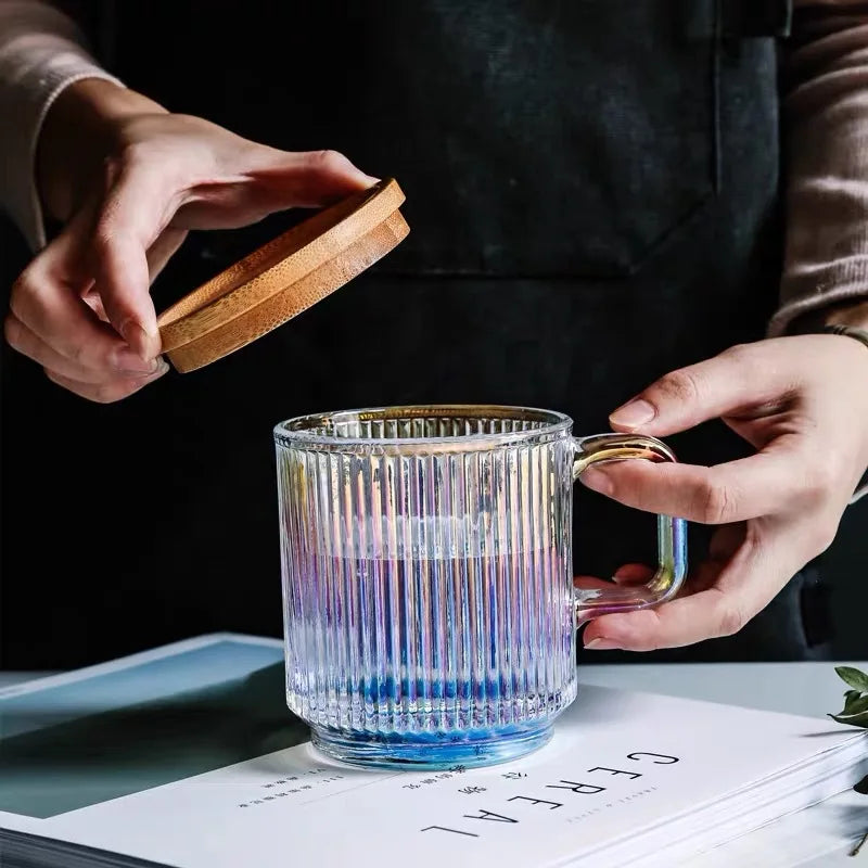 Iridescent Glass Coffee Mug with Lid Premium Classical Vertical Stripes Glass Tea Cup for Latte Tea