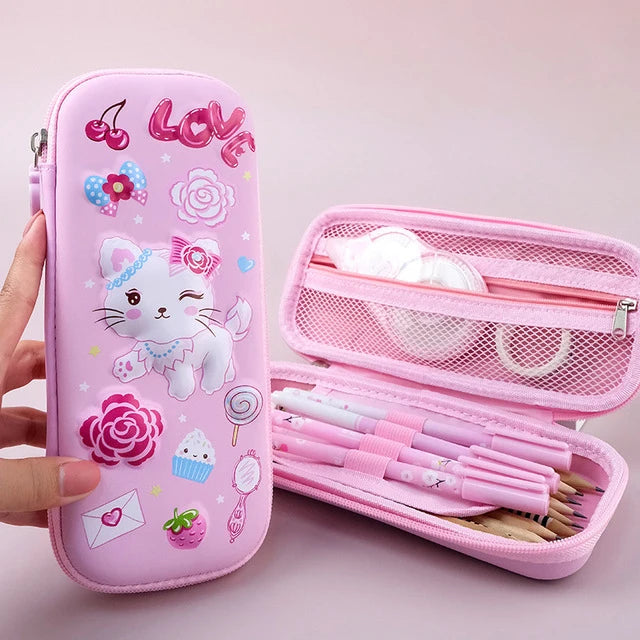 Two layers Pink Cat Factory Wholesale EVA Plastic 3D Zipper Pencil Case for Girls