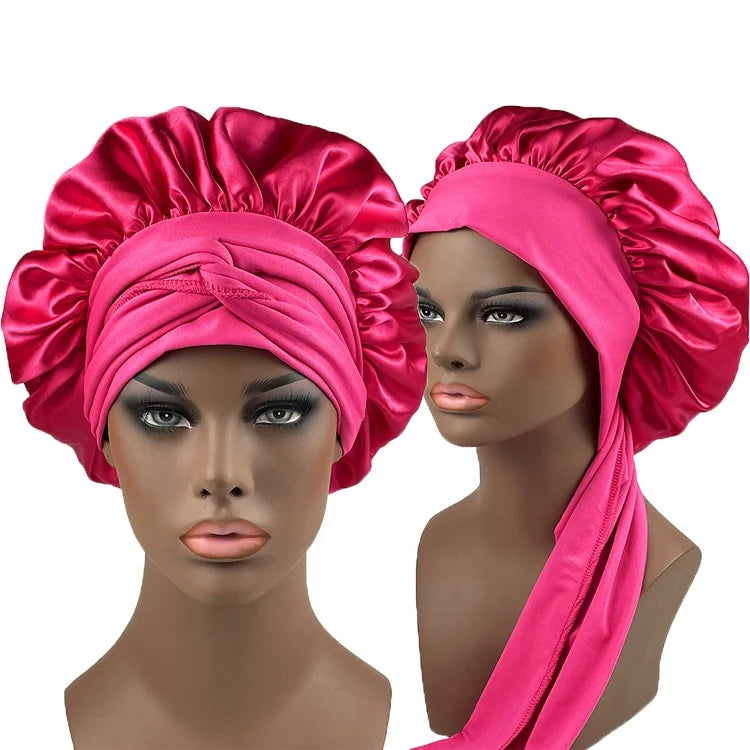 Hot Sale Women Satin Night Sleep Hats Shower Hats Elastic Band Satin Bonnet Adjustable Wide Brim Ribbon Satin Bonnet