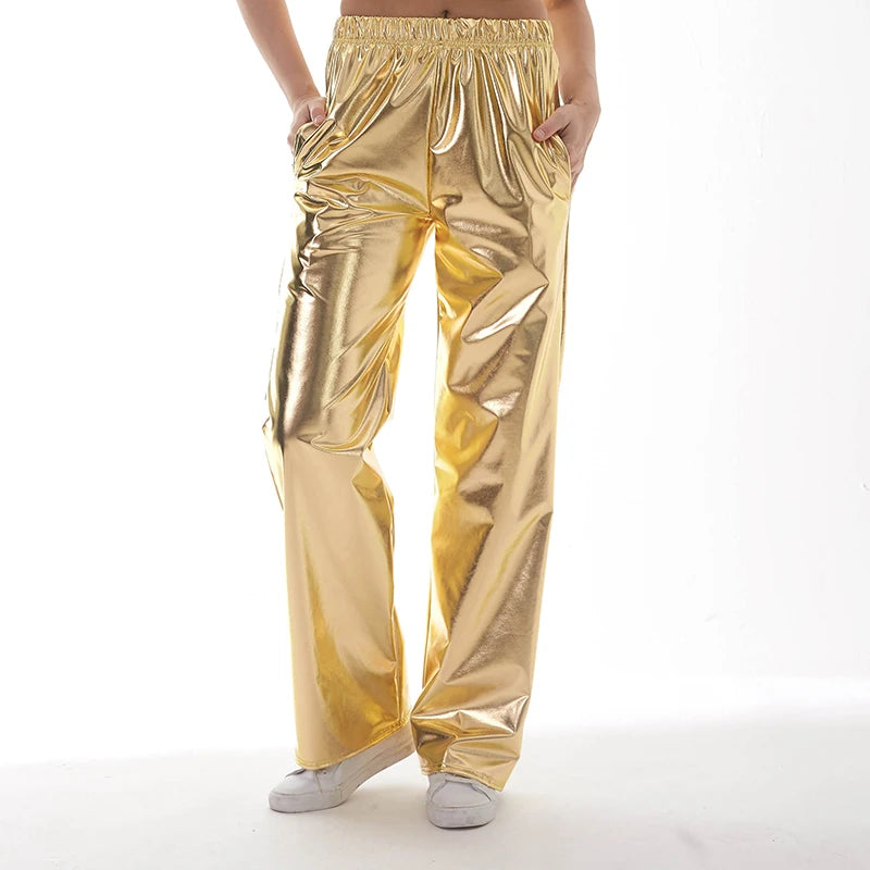 Women Adult Shiny Straight Leg Pants Casual High Waist Metallic Pants Super Long Holographic Pants Disco Bottoms