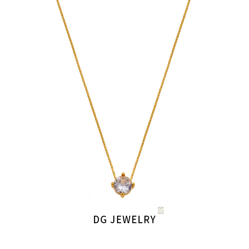 Fashion Simple 18k Gold Bamboo Chain Four-claw Zircon Necklace Stainless Steel Do Not Fade Color Jewelry Women
