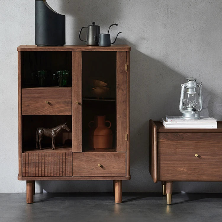 B5103 Nordic Style Solid American Black Walnut Wood Living Room Furniture Side Cabinet with Glass Door Display Cabinets