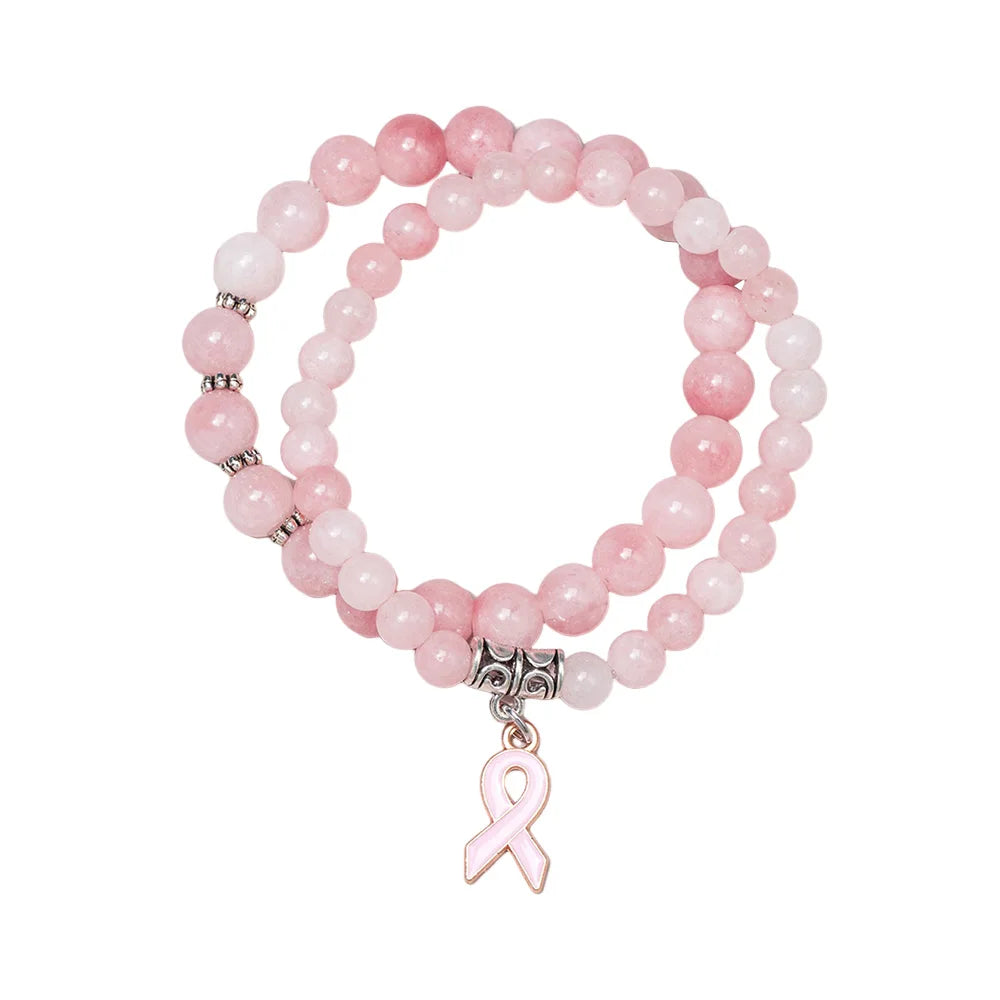 Factory Wholesale 6mm 8mm pink Jade Bracelet Set Bracelet Custom Make Jewelry Breast Cancer logo pink Ribbon Bracelet