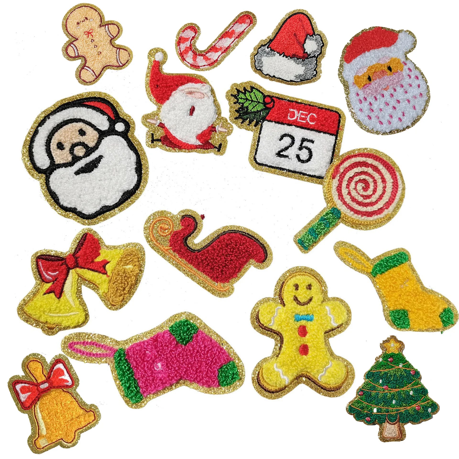 New Iron on Gold Edge Chenille Embroidered  Christmas Boots Hat Candy Canes Santa Reindeer Patch