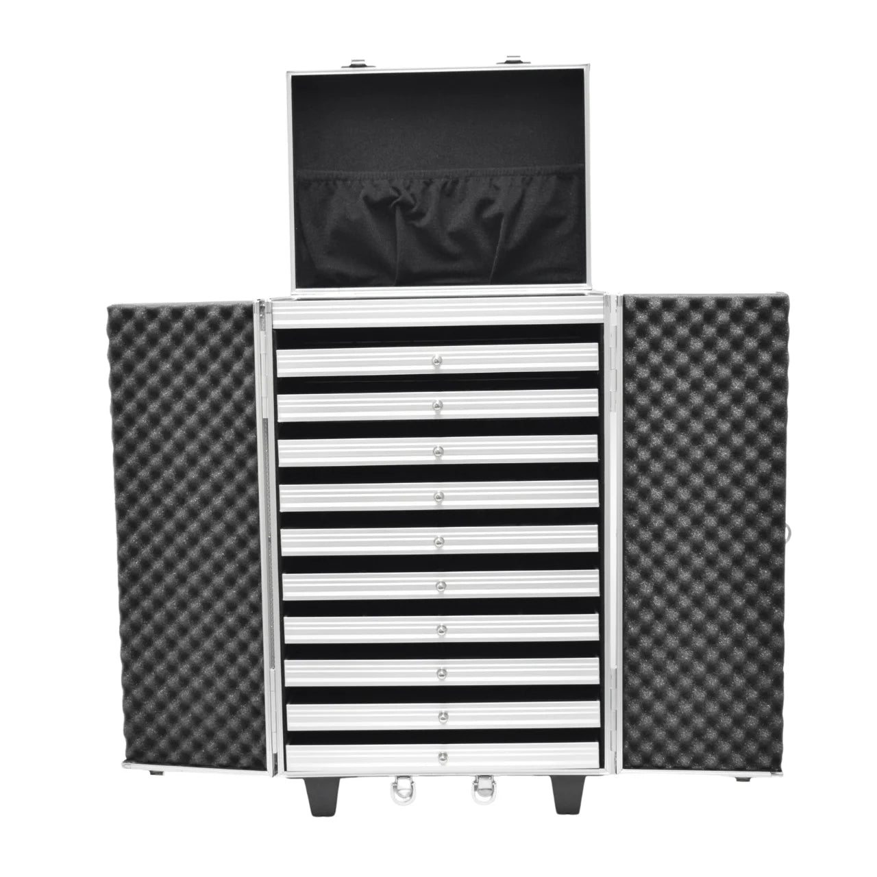 Meiyida Professional Luxury Rectangle Multilayer Watch Trolley Jewelry Storage Case Wheels Lock Closure Dustproof White Custom