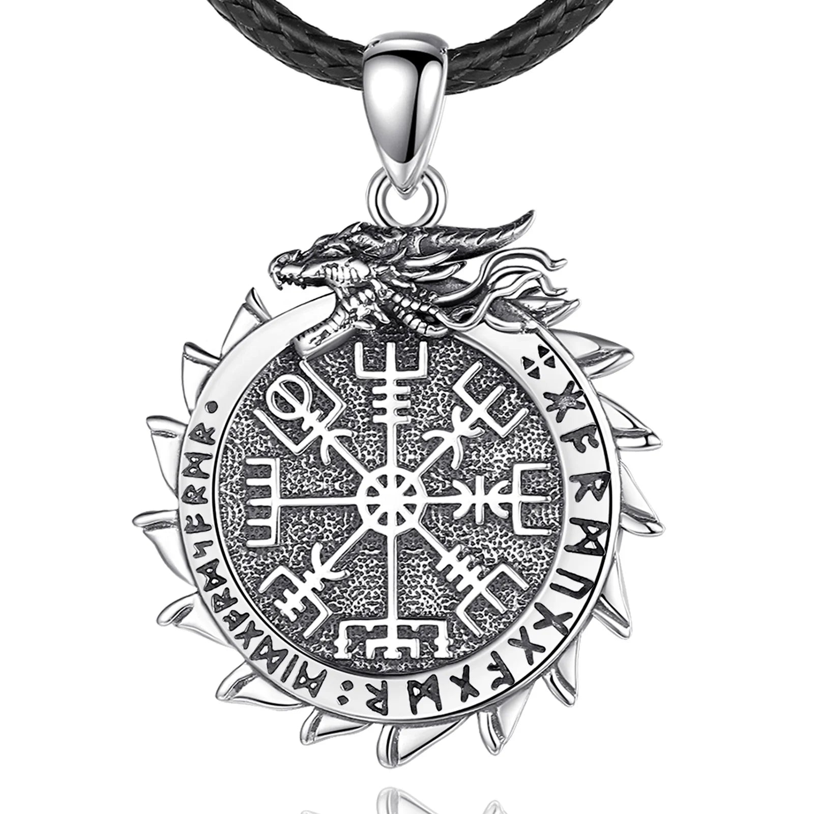 Fashion Vintage Style 925 Sterling Silver Dragon Viking Jewelry Vegvisir Pendants Necklace for Men