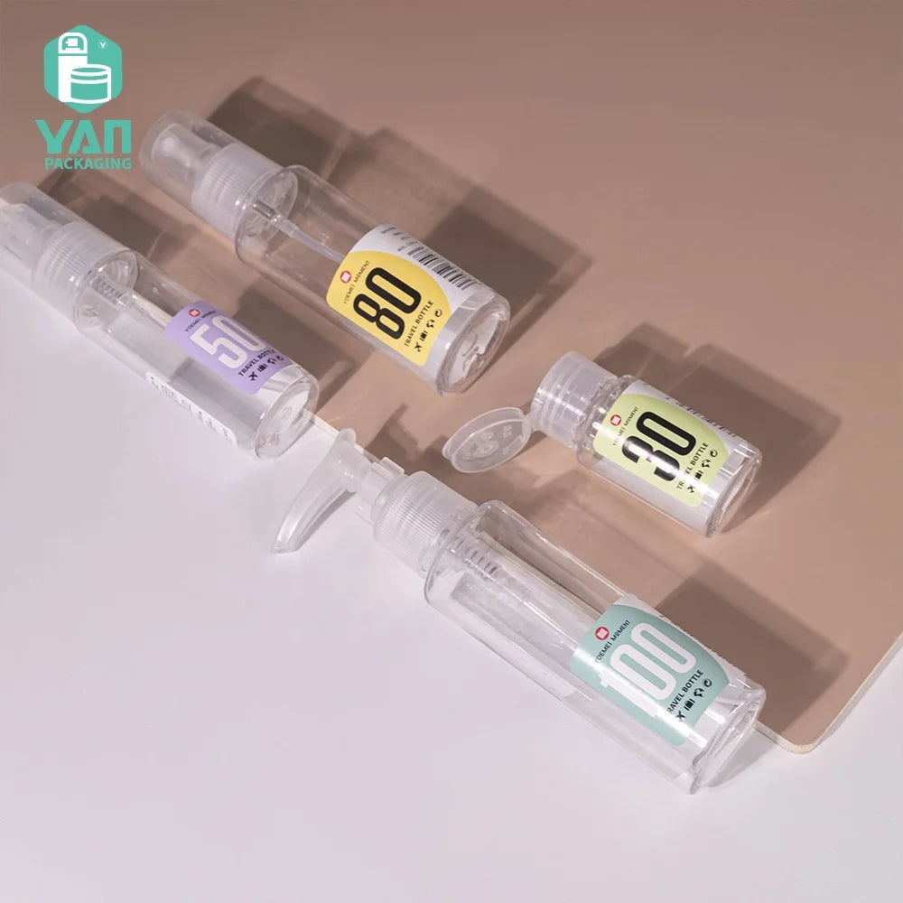 YAN Packaging Luxury for 30ml 50ml 100ml PET Plastic Pump Sprayer Bottle Travel Set Shampoo Shower Gel Lotion Essential Oil MegaBDM