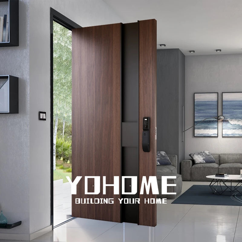 British Modern Design Walnut Front Doors for House Large Wooden Main Door for Villa Pivot Security Front Door