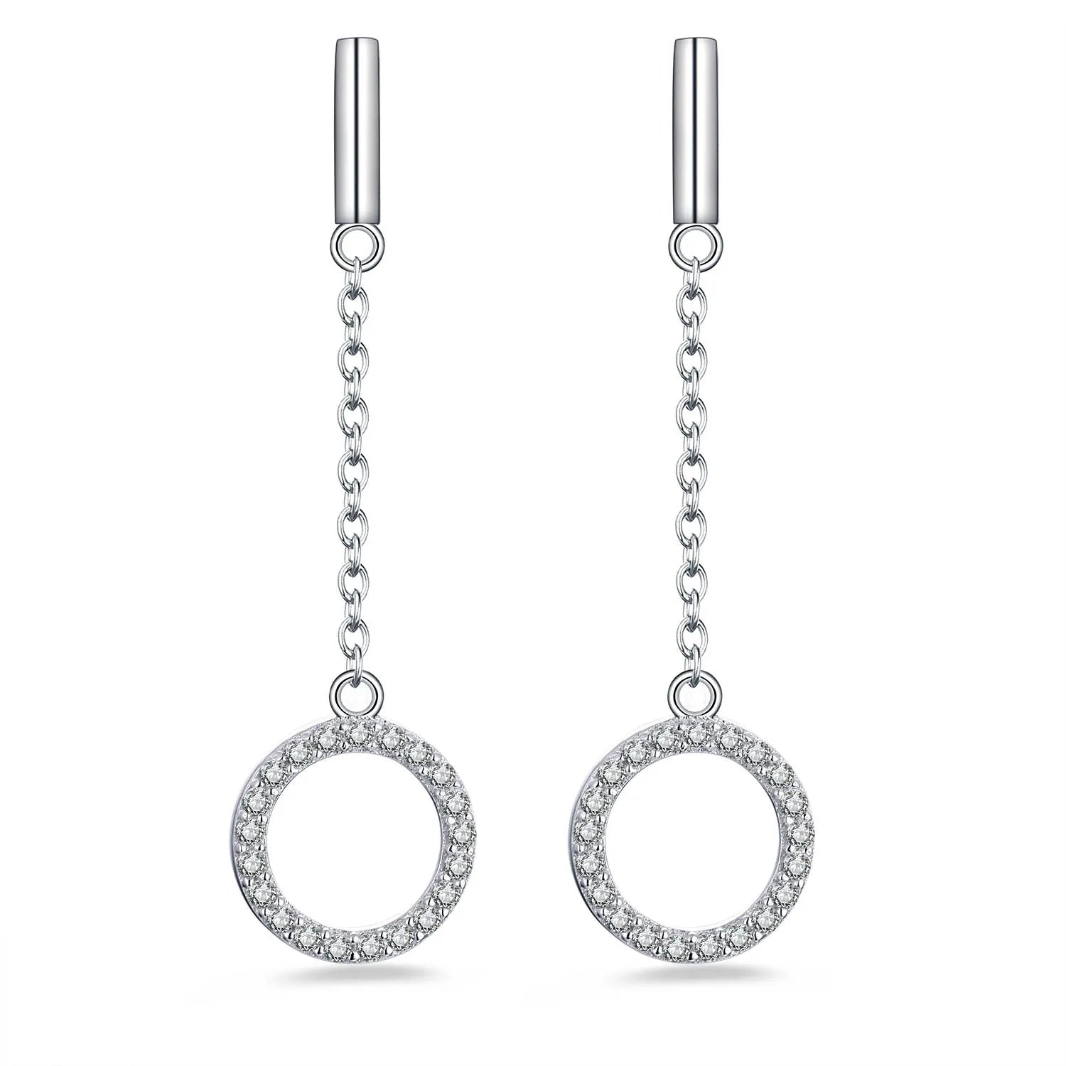 QX Women Jewelry Big Drop Long Chain 925 Sterling Silver Rhodium Plated Round CZ Drop Earrings