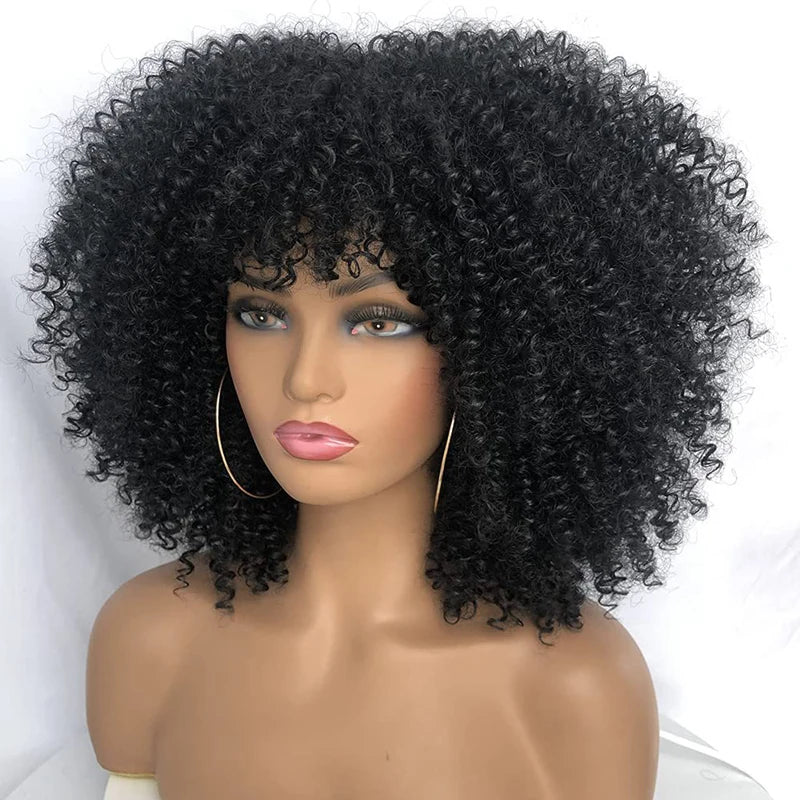 Wholesale Cheap Afro Kinky Curl Wigs with Bangs African Machine Made Synthetic Wigs Heat Resistant for Black Women Short