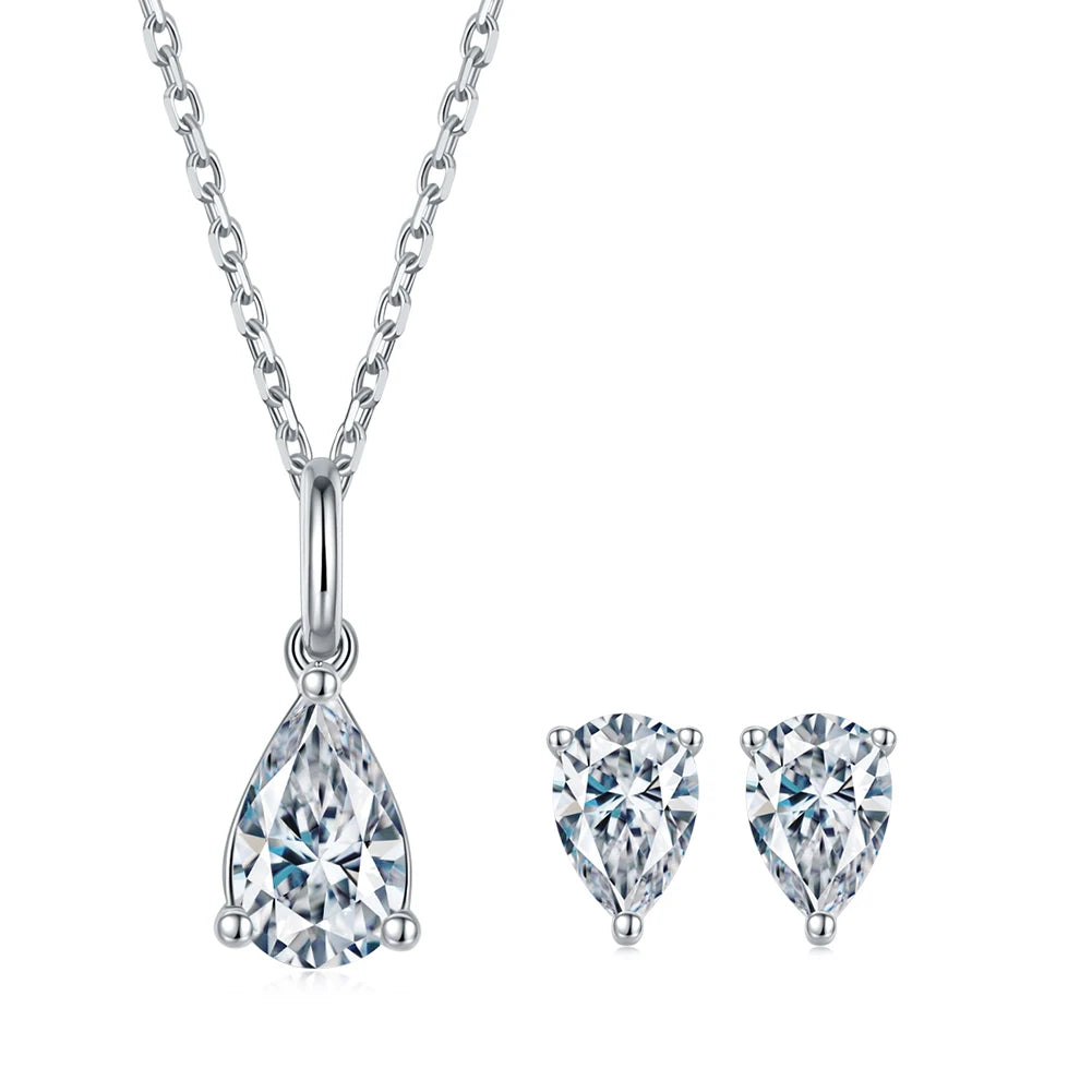 RINNTIN SMN34 S925 Sterling Silver Wedding Set1.0CTW D-E Color Pear Cut Moissanite Earrings Necklace Set for Women