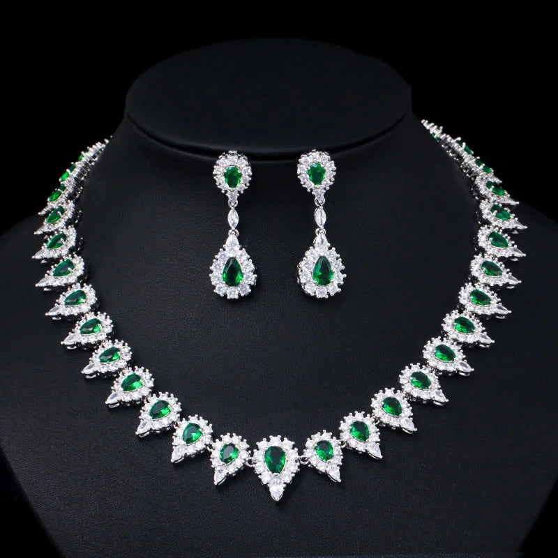 Shiny Green Crystal Cubic Zirconia Women Wedding Banquet Jewellery Sets Round Choker Party Necklace and Earrings for Bridal