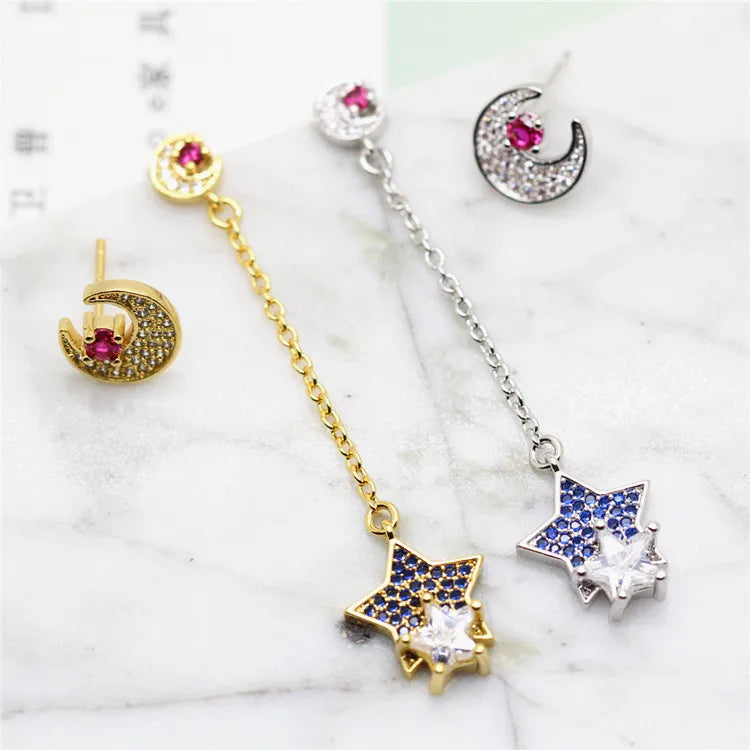 2021 Asymmetric Sterling Silver Luxury Personality Star Moon Tassel Long Shiny Women Pendant Earrings Jewelry
