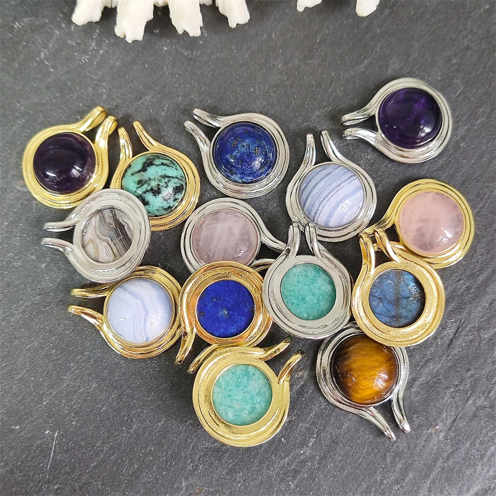 Factory Direct Sale Gold Plated Round Cabs Stone Pendant Natural Crystal Rose Quartz Blue Lace Agate Labradorite Necklace Charm