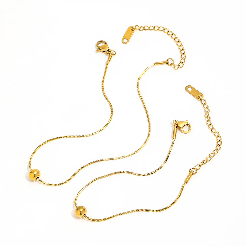 Fenny Jewelry 18K PVD Plated Wholesale Trendy Summer Holiday Snake Chain Bead Adjustable Stainless Steel Anklet for Women